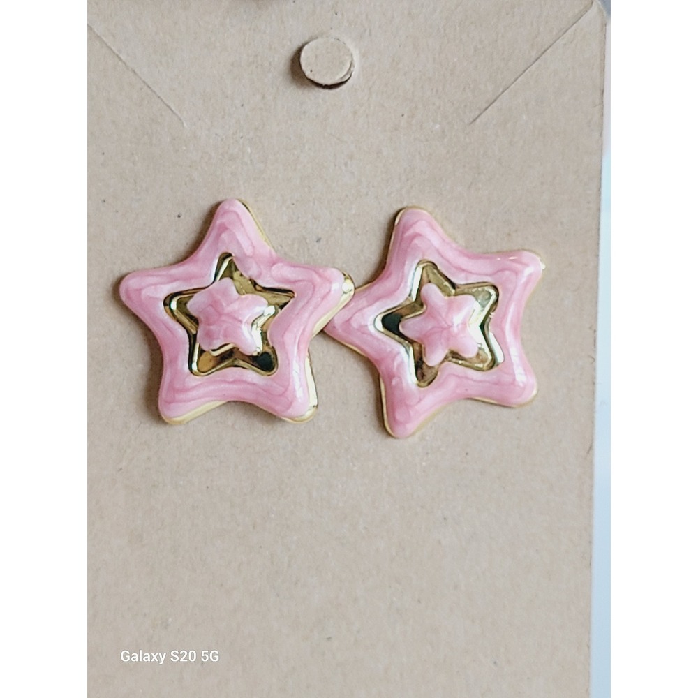 Pink Marbled Enamel Star Stud Earrings Gold Tone Triple Layer Celestial Studs